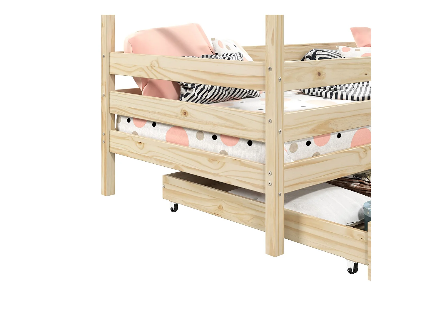 Lit cabane ENA lit enfant simple montessori 90 x 200 cm, avec 2 tiroirs de rangement, en pin massif à la finition naturelle