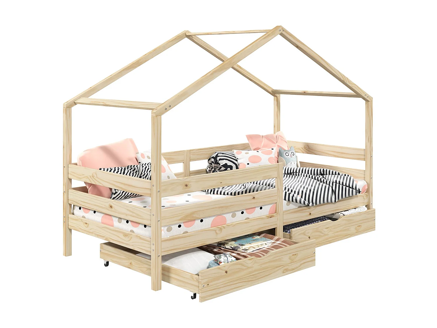 Lit cabane ENA lit enfant simple montessori 90 x 200 cm, avec 2 tiroirs de rangement, en pin massif à la finition naturelle