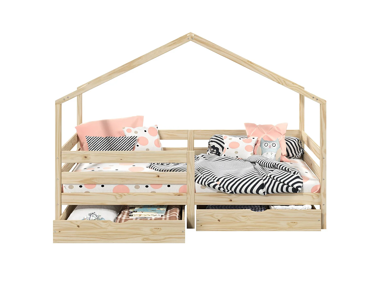 Lit cabane ENA lit enfant simple montessori 90 x 200 cm, avec 2 tiroirs de rangement, en pin massif à la finition naturelle