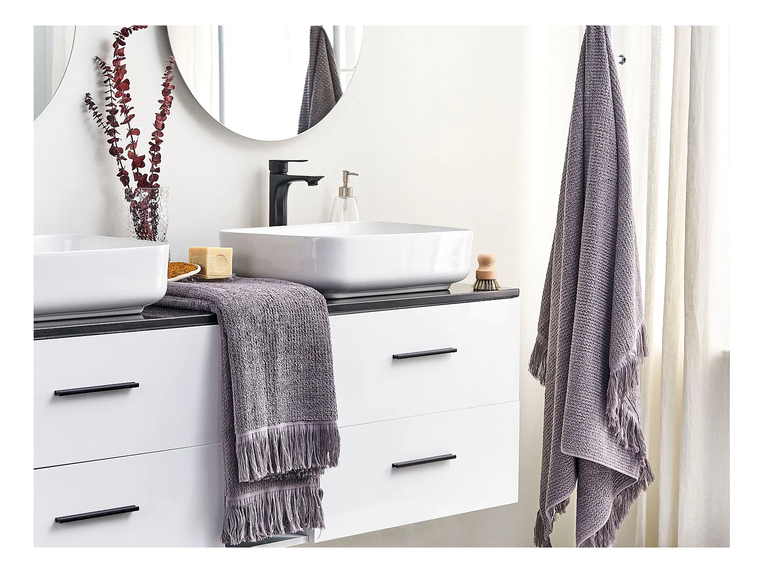 Luxus Handtuch 2er Set Baumwolle grau Strandtuch 100 x 150 cm mit Fransen Atiu