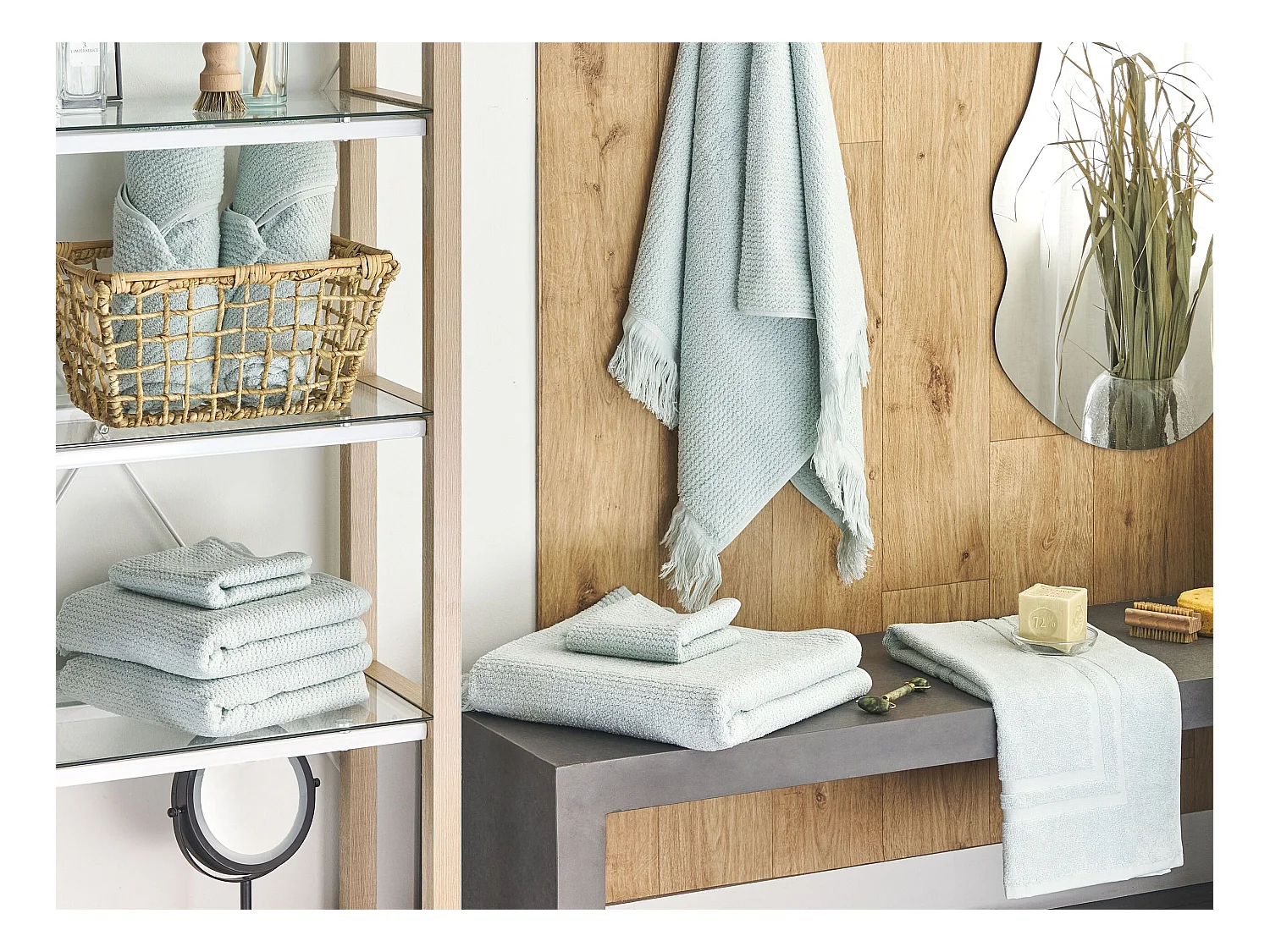 Luxus Handtuch Set mit Badematte Baumwolle grün 9-teilig Fransen Modern Atiu