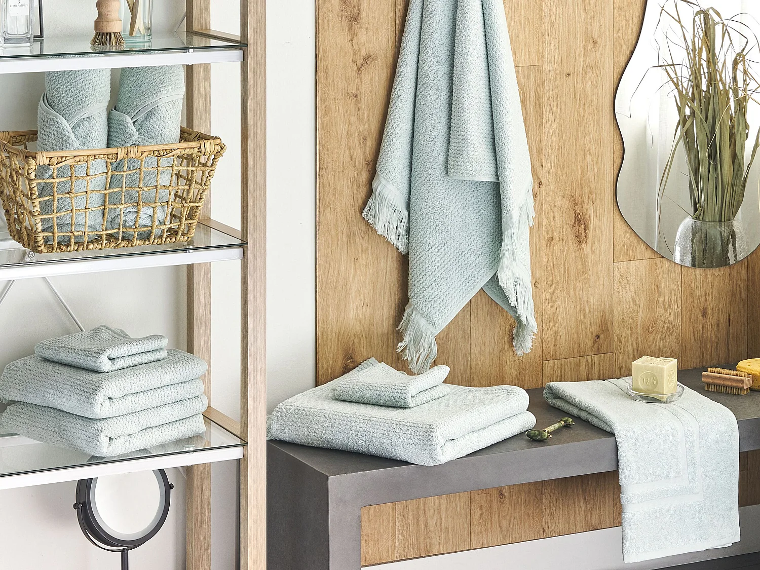 Luxus Handtuch Set mit Badematte Baumwolle grün 9-teilig Fransen Modern Atiu