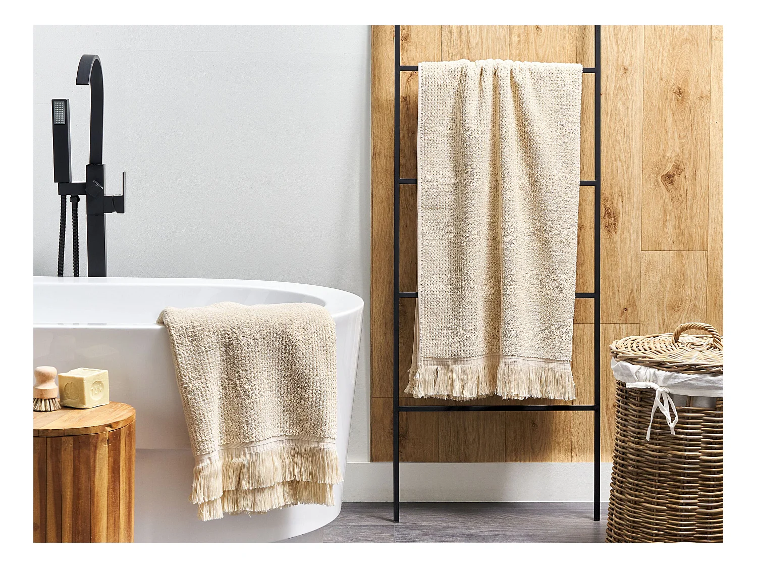 Luxus Handtuch 2er Set Baumwolle beige Strandtuch 100 x 150 cm mit Fransen Atiu