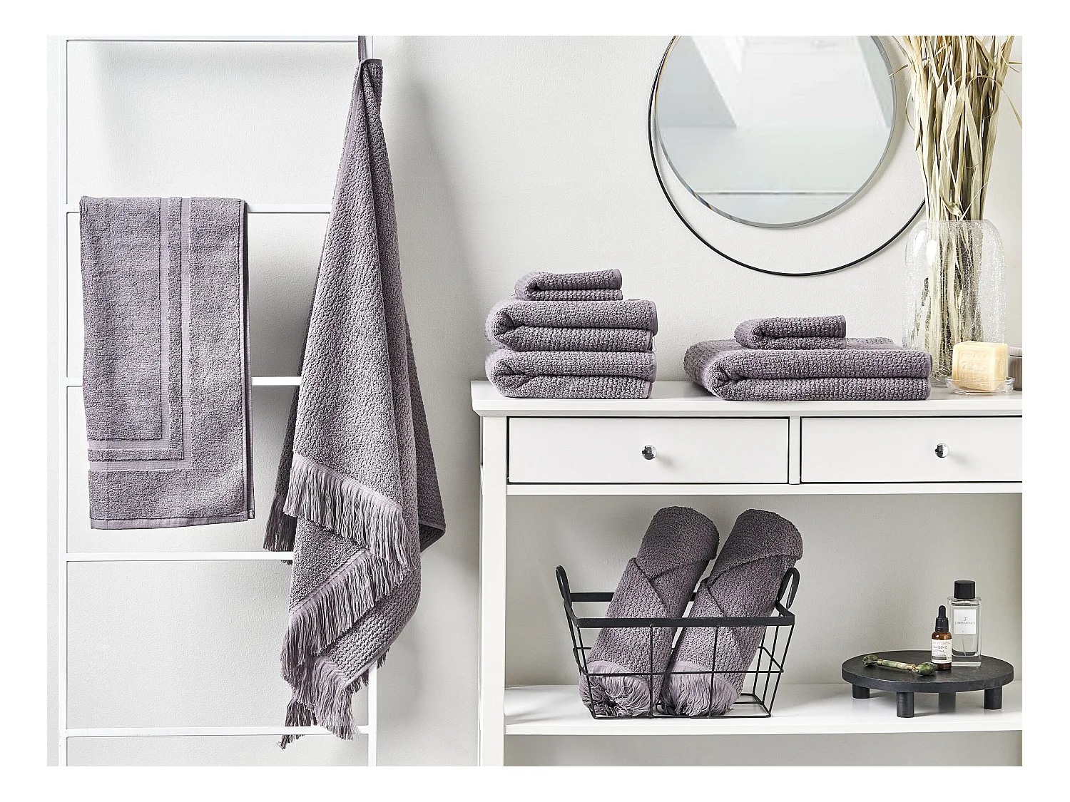 Luxus Handtuch Set mit Badematte Baumwolle grau 9-teilig Fransen Modern Atiu