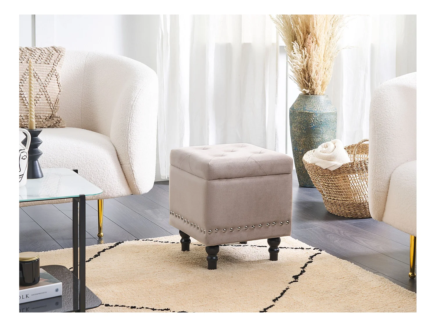Hocker mit Stauraum und Nieten quadratisch Samt beige Glamour Look Loretto