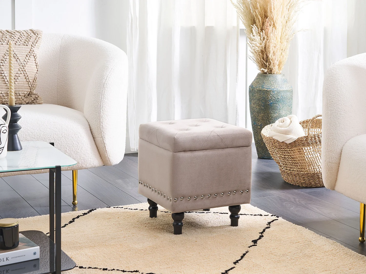 Pouf de rangement LORETTO Velours Beige 37 cm 37 cm 40 cm