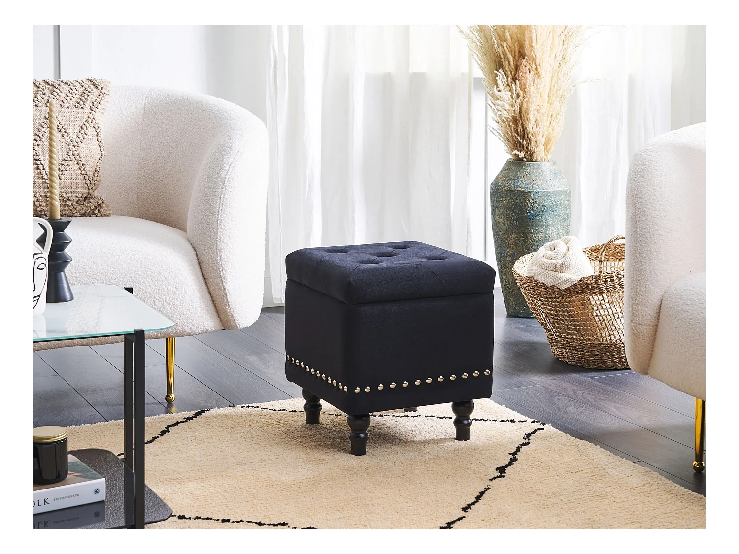 Pouf mit Stauraum LORETTO Samtstoff Schwarz 37 cm 37 cm 40 cm