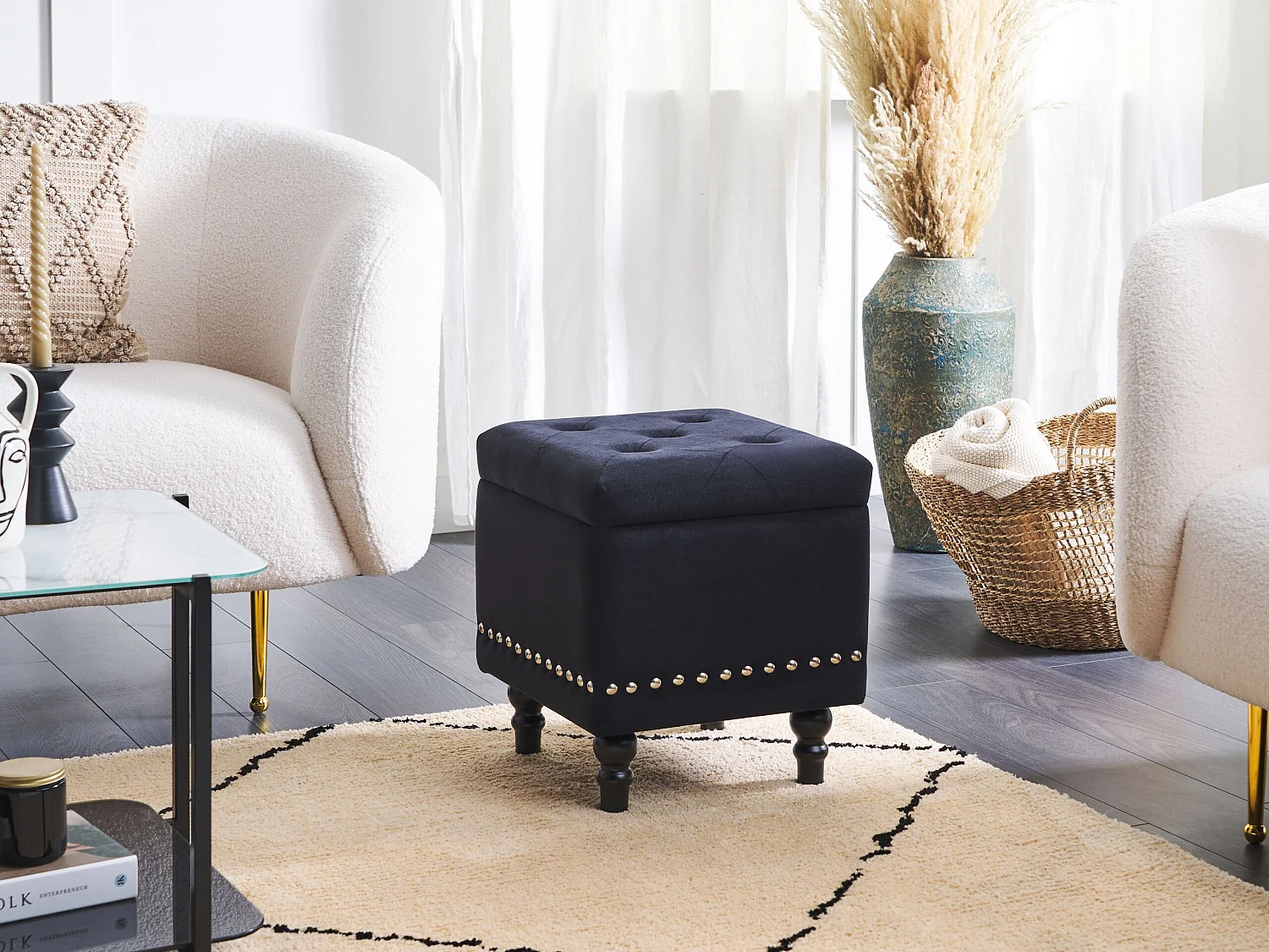 Pouf contenitore LORETTO Velluto Nero 37 cm 37 cm 40 cm