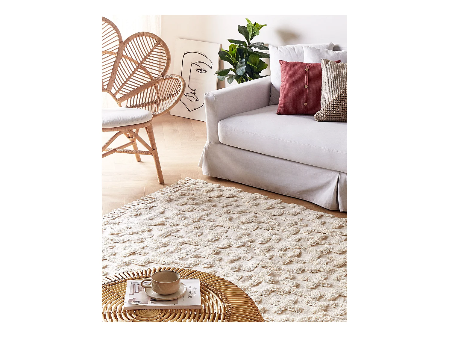 Teppich Baumwolle beige mit geometrischem Muster rechteckig 140x200 cm Itanagar