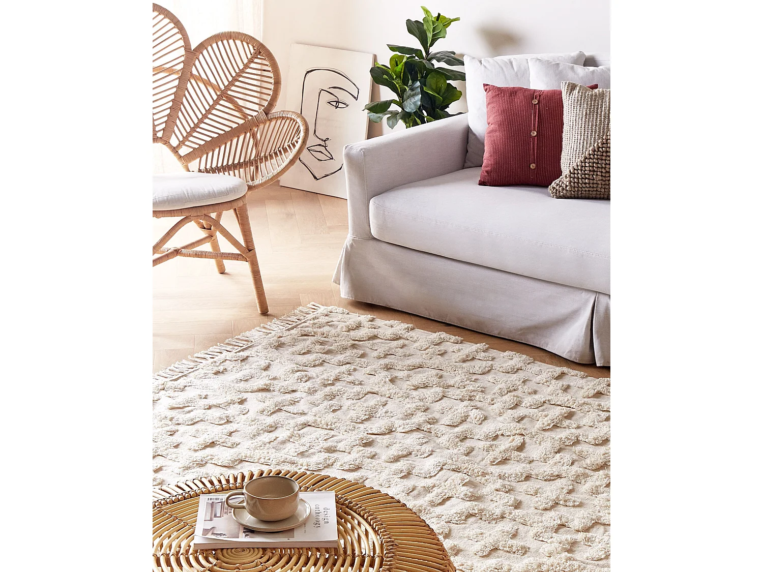 Teppich Baumwolle beige mit geometrischem Muster rechteckig 140x200 cm Itanagar