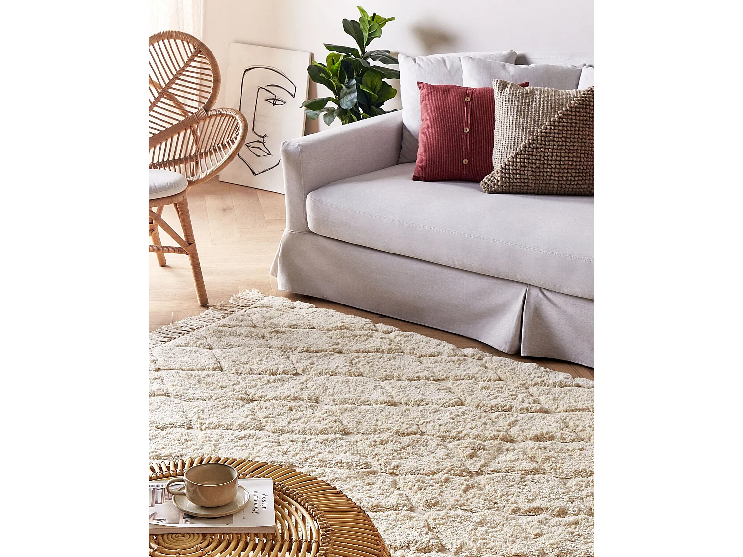 Teppich Baumwolle beige mit marokkanischem Muster rechteckig 140x200 cm Silchar