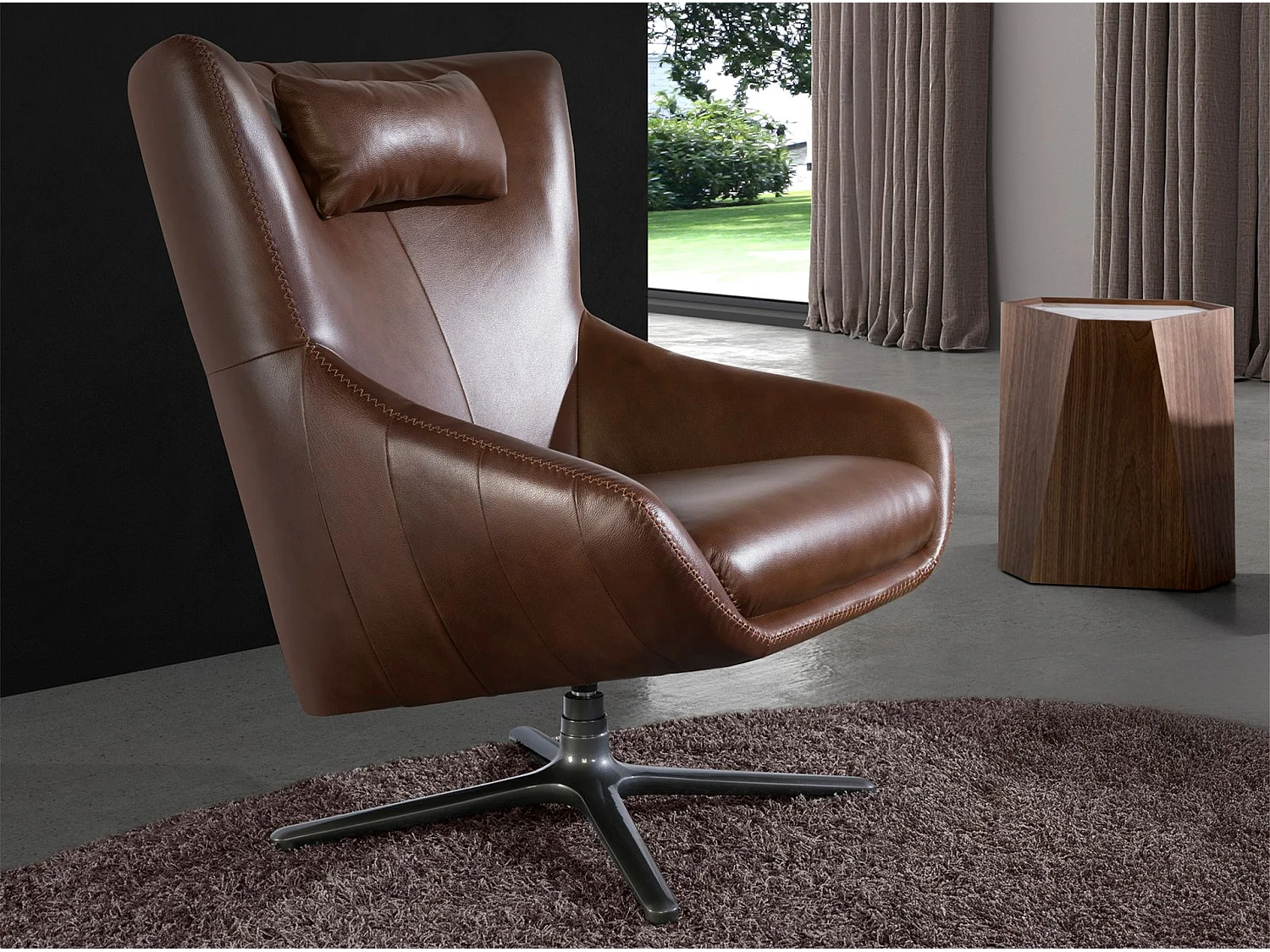 Fauteuil pivotant en cuir brun cognac 5089 ANGEL CERDA