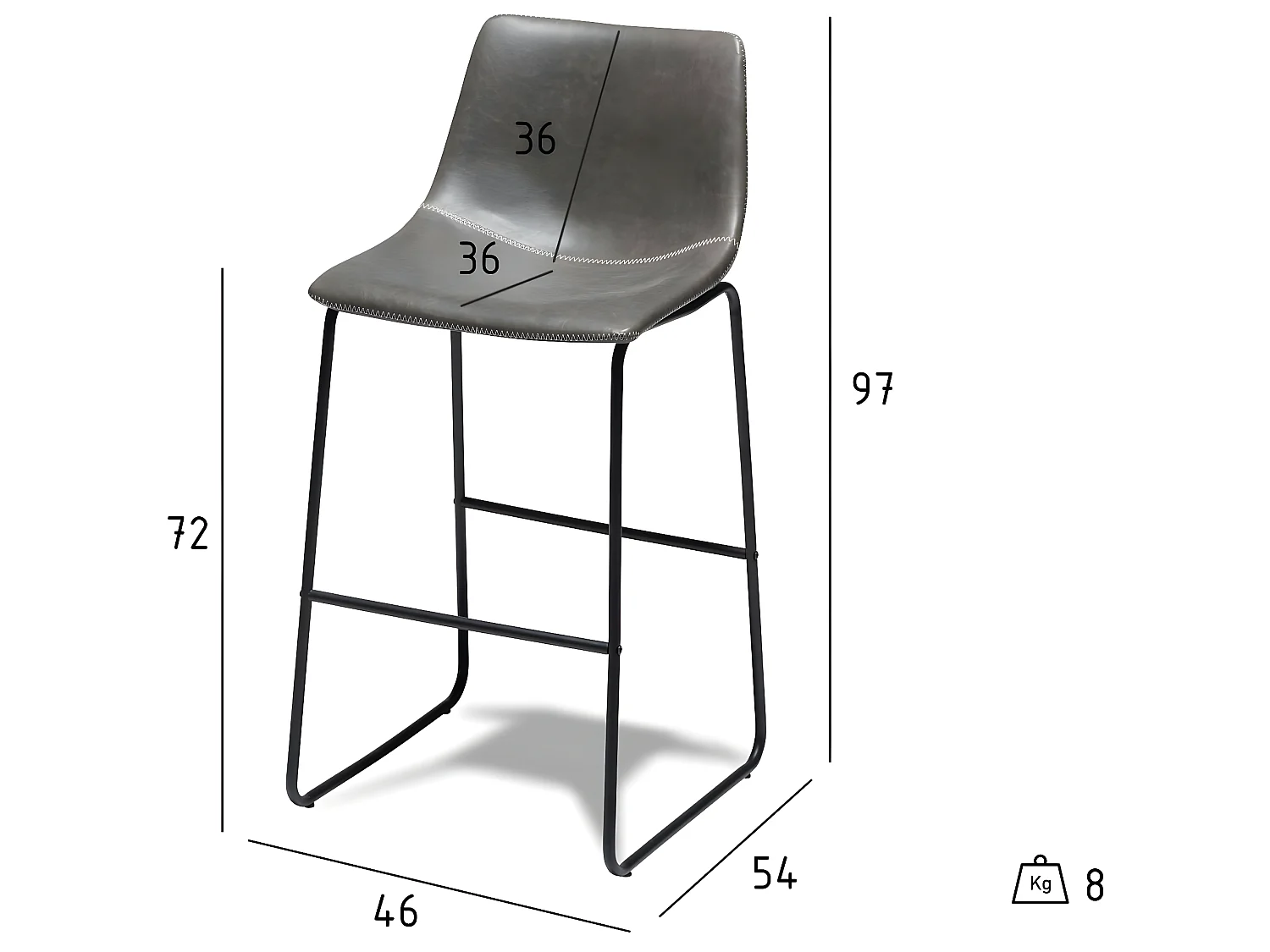 Lot de 2 tabourets de bar avec dossier Indiana - Simili et métal - Gris