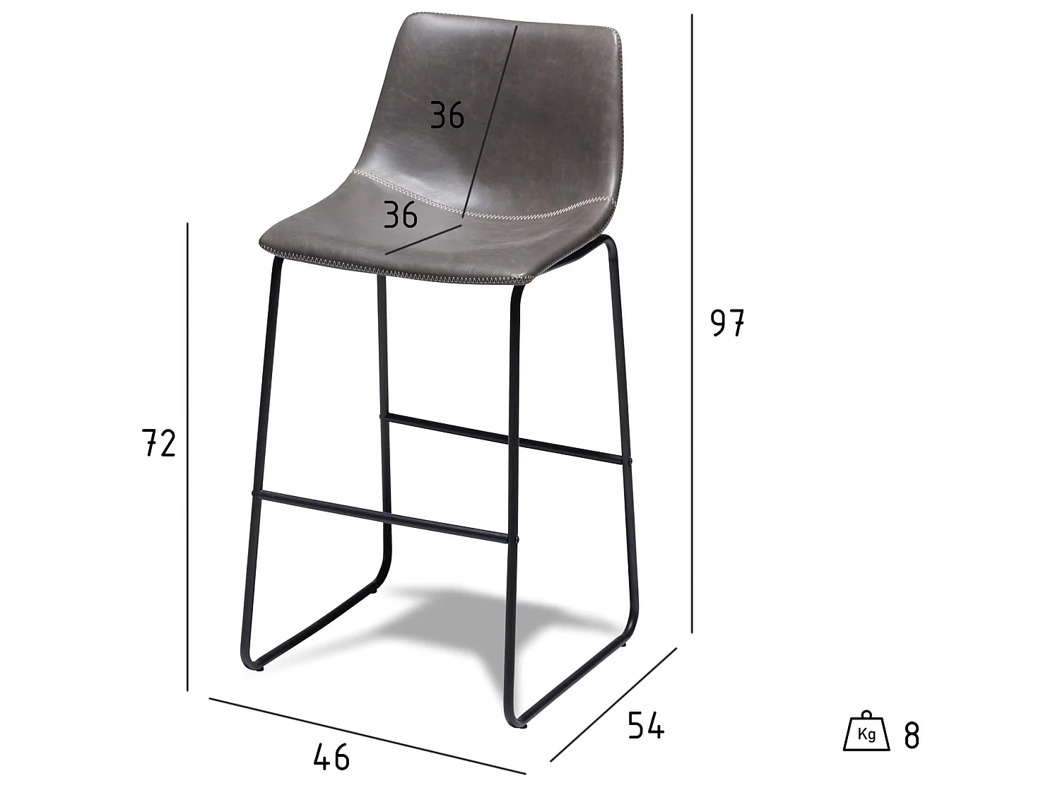 Lot de 2 tabourets de bar avec dossier Indiana - Simili et métal - Gris