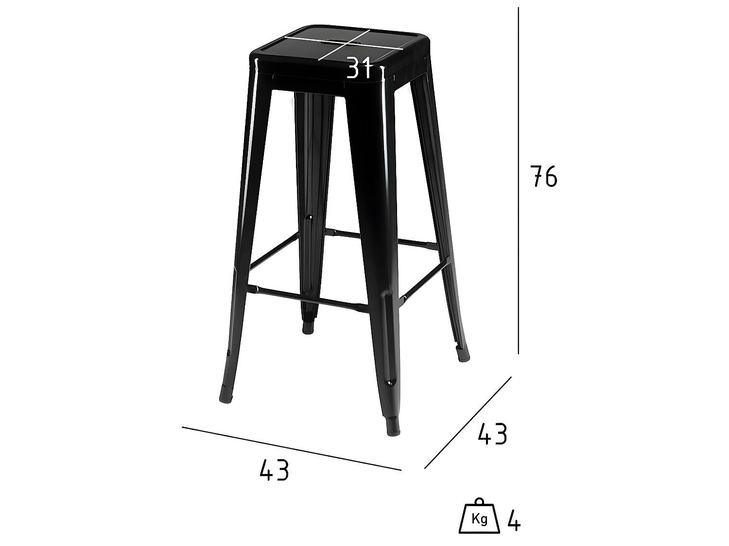 Lot de 4 tabourets de bar sans dossier et empilable Korona - et métal - Noir