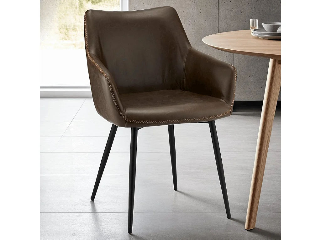 Lotto di 2 sedie con braccioli Maria - Similpelle e Metallo - Marrone