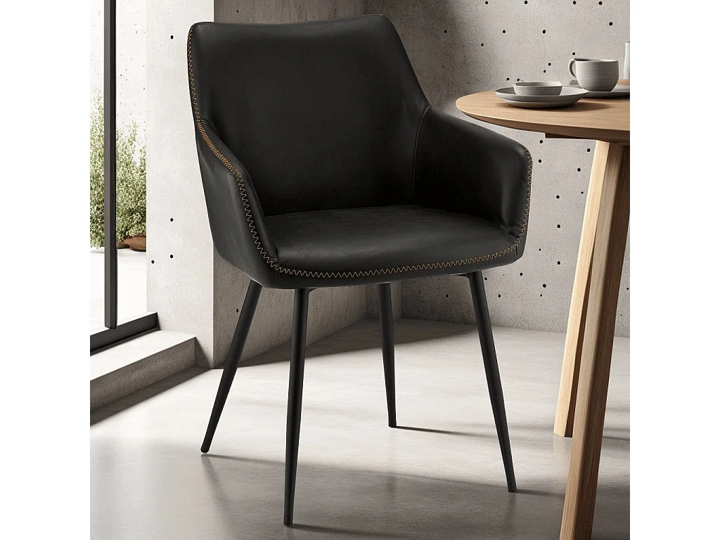 Esszimmerstuhl mit Armlehnen 2er Set Maria - Kunstleder & Metall - Schwarz