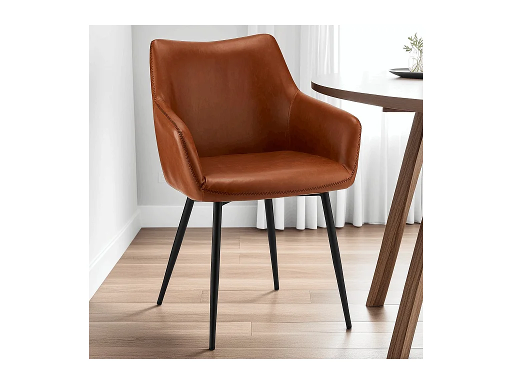 Esszimmerstuhl mit Armlehnen 2er Set Maria - Kunstleder & Metall - Braun