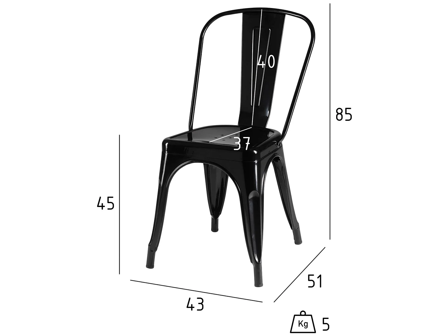 Lot de 4 chaises avec dossier et empilable Korona - et métal - Noir