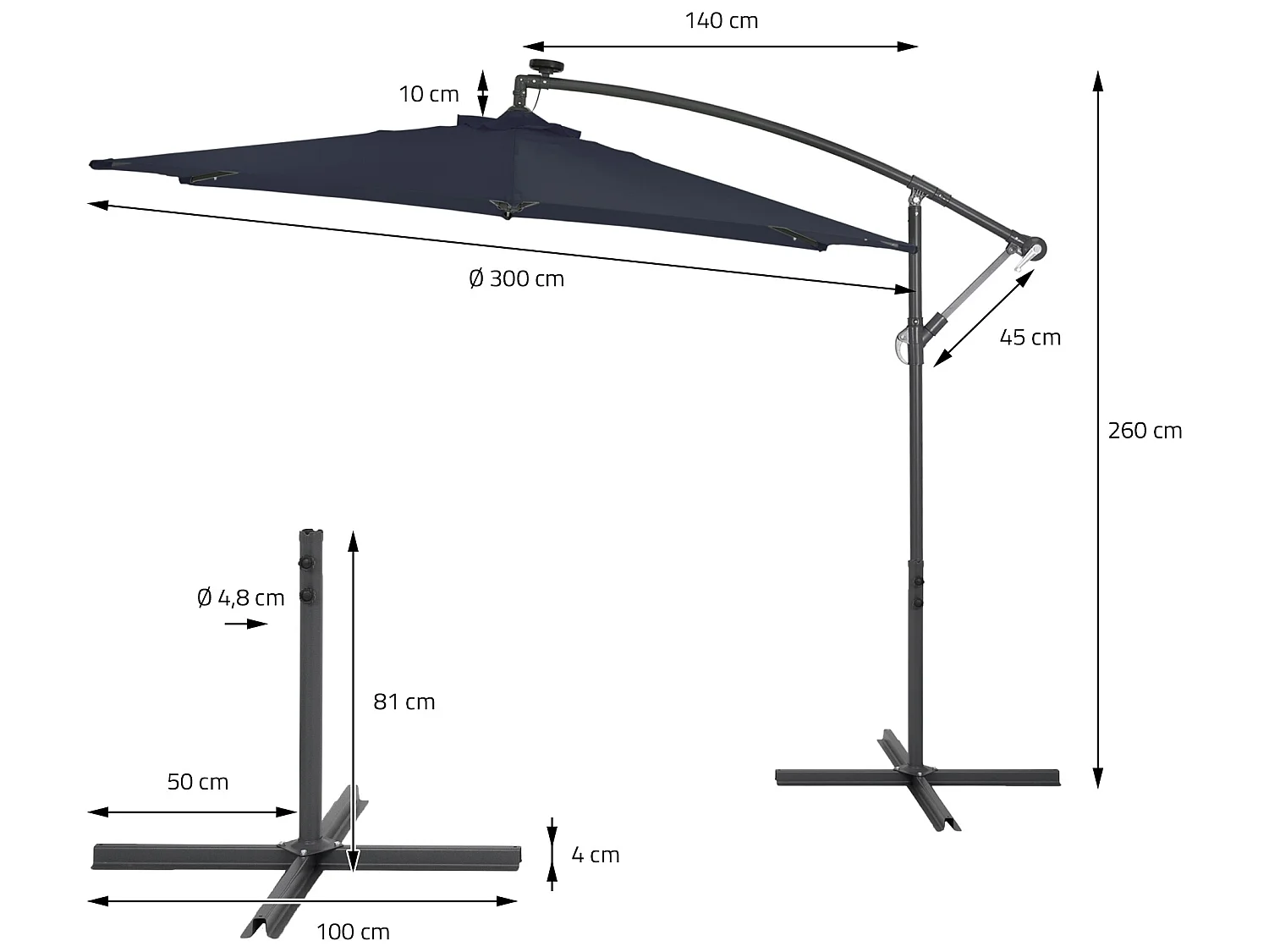 Parasol déporté de jardin LED éclairage solaire pare soleil Ø3m ECD Germany