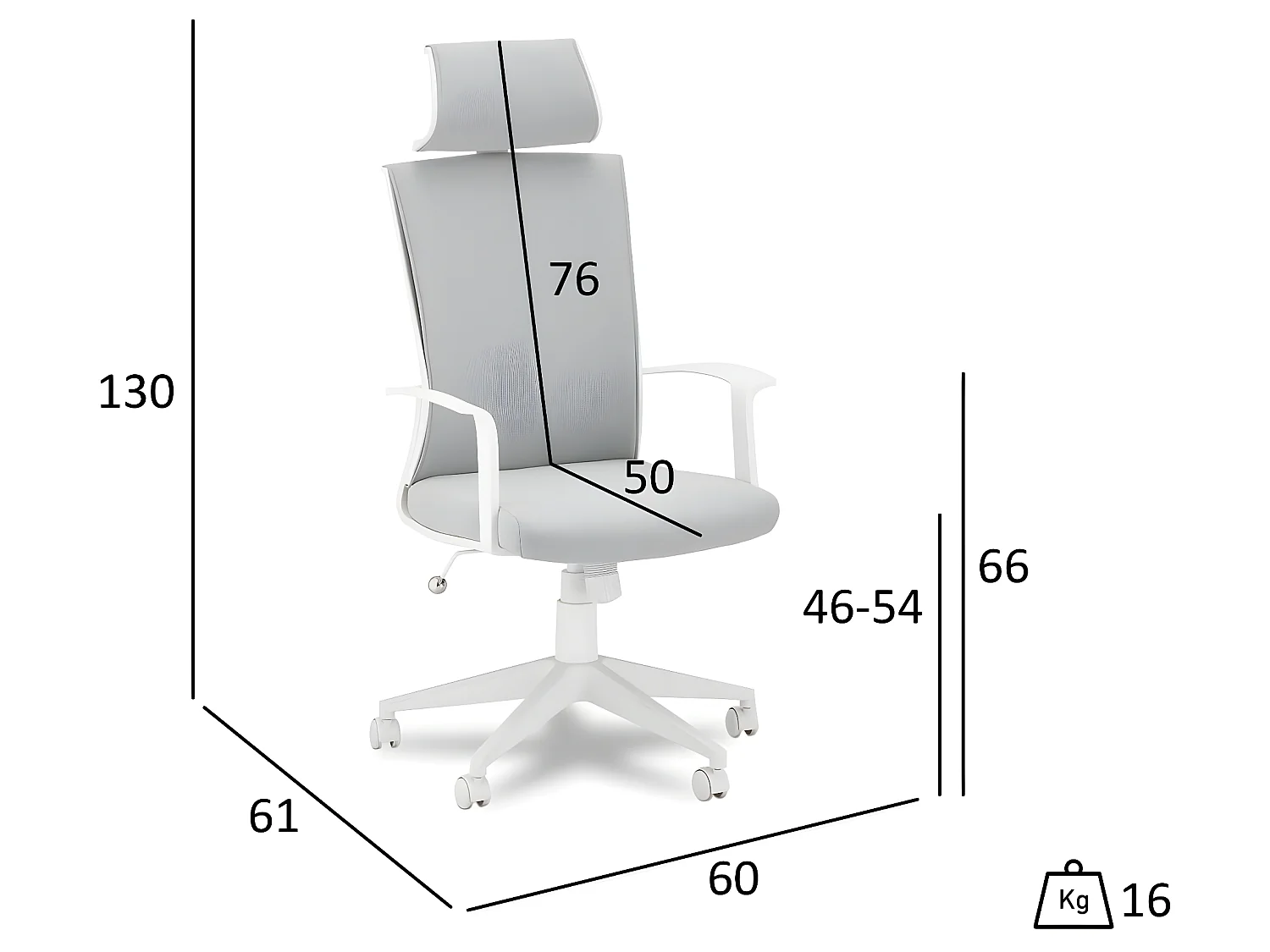 Chaise de bureau ergonomique Bolero - Réglable en hauteur - Pivotant - Inclinable - Tissu et métal - Blanc