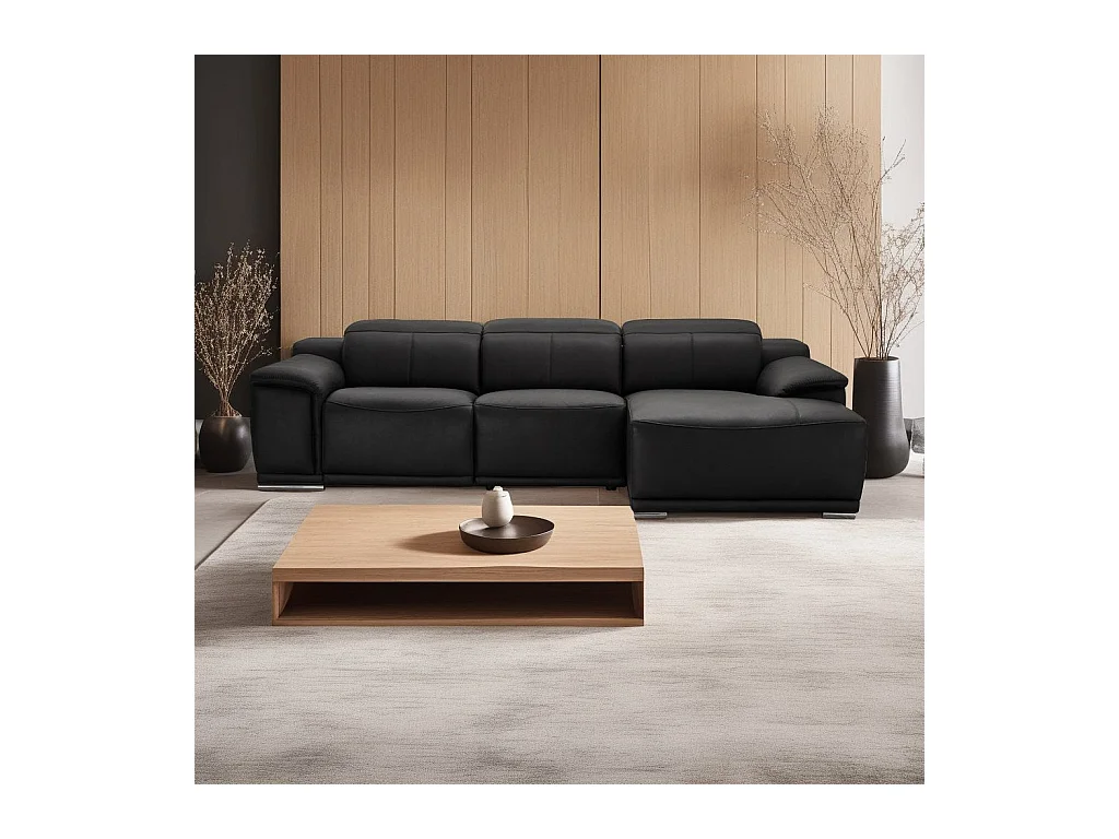 Canapé d'angle droit électrique Alexa - 3 places - Cuir - Noir