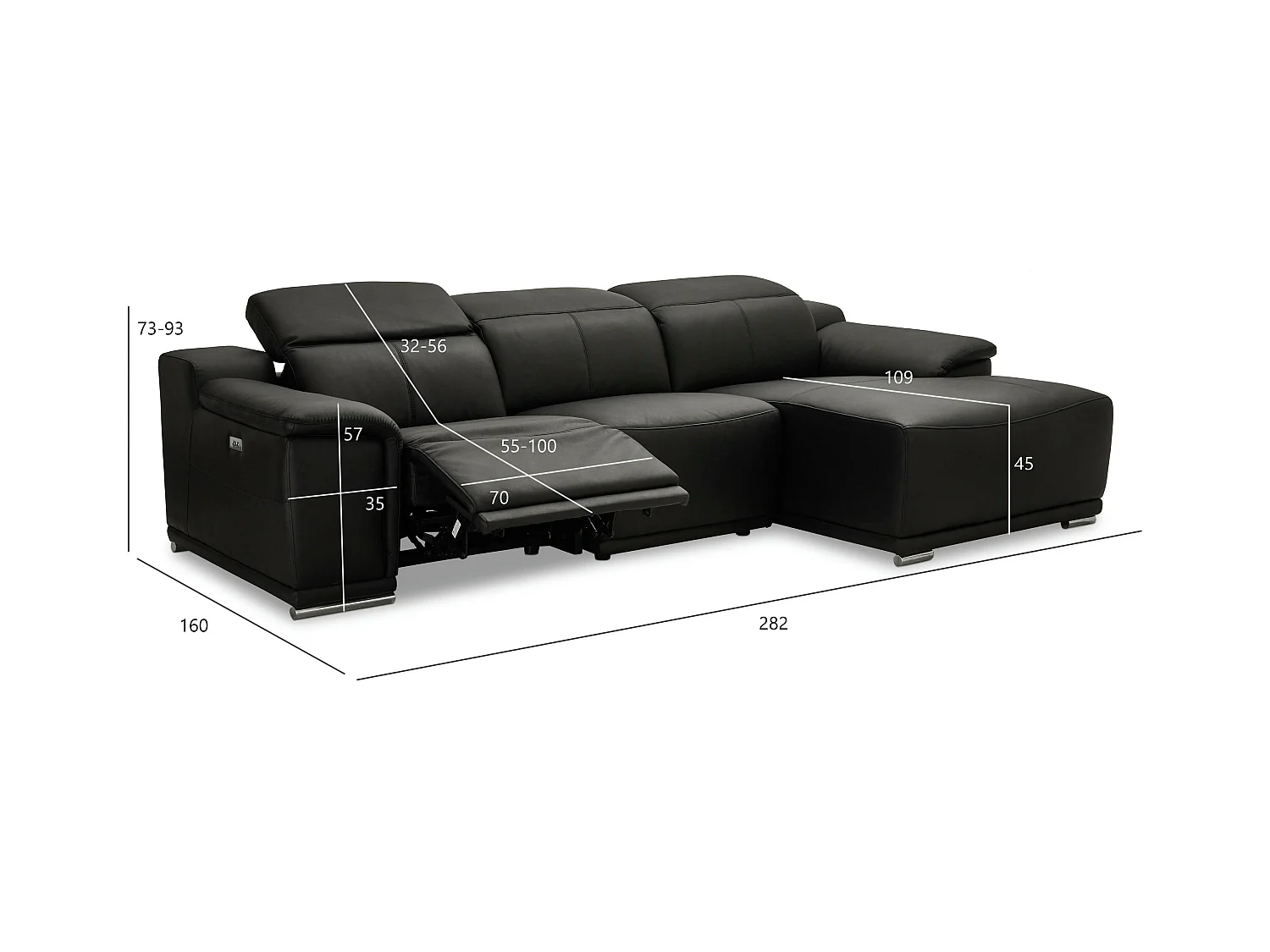 Canapé d'angle droit électrique Alexa - 3 places - Cuir - Noir