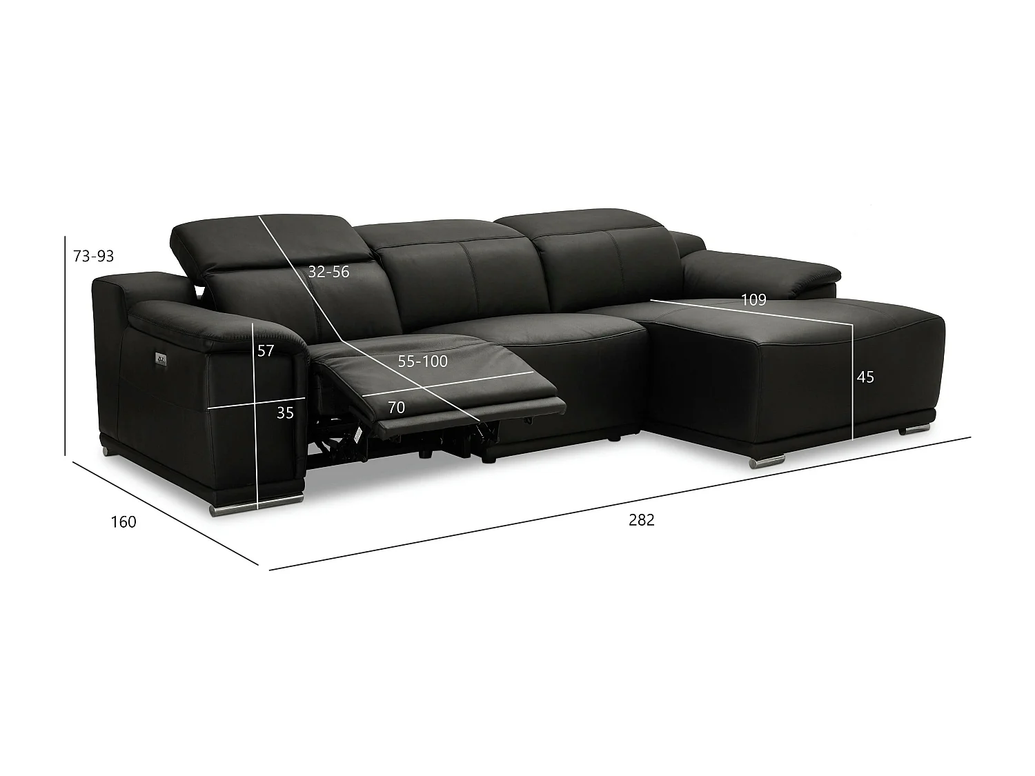 Driezits elektrische moduleerbare relaxbank Alexa - Leer - Zwart