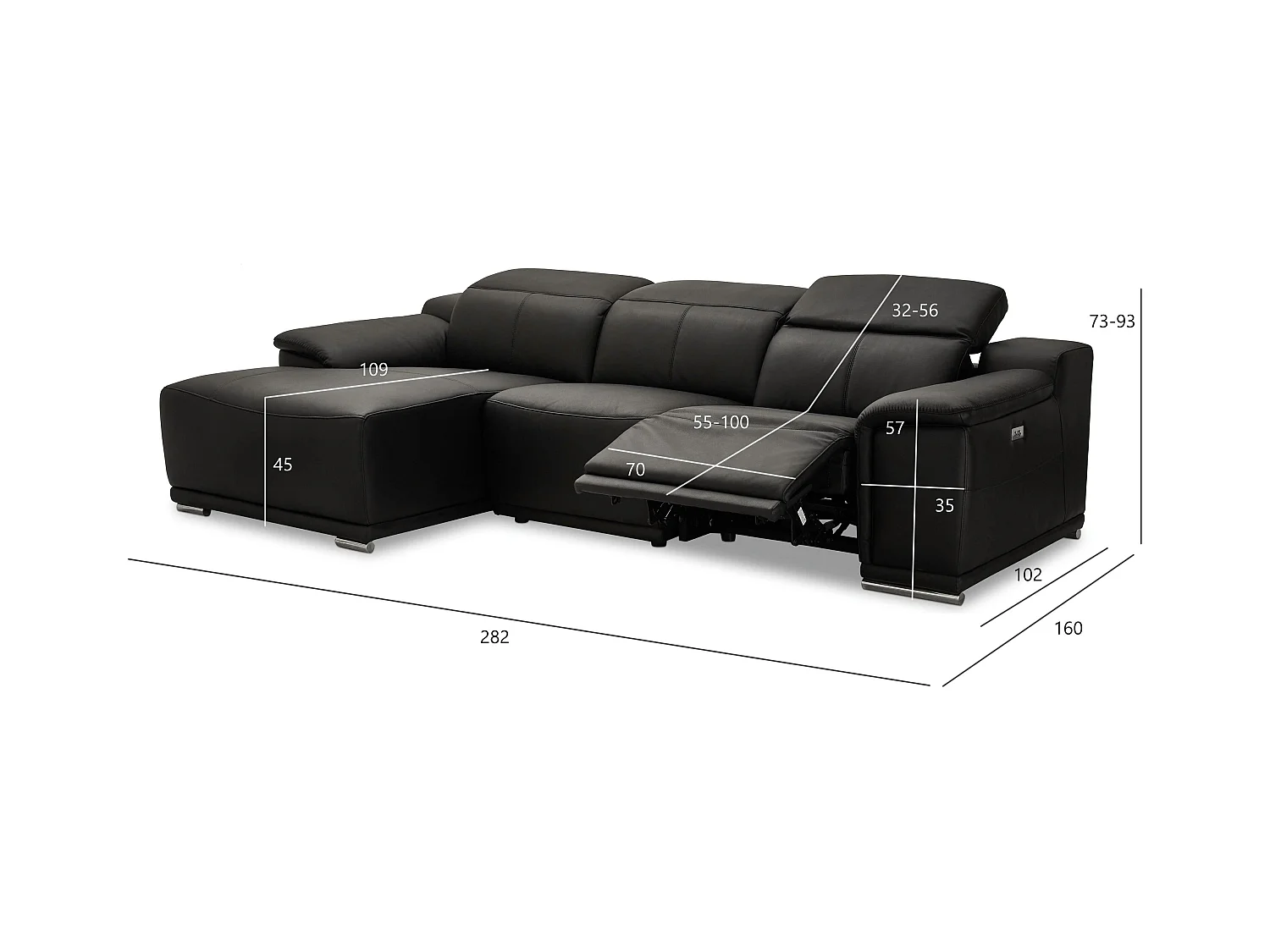 Canapé d'angle gauche électrique Alexa - 3 places - Cuir - Noir