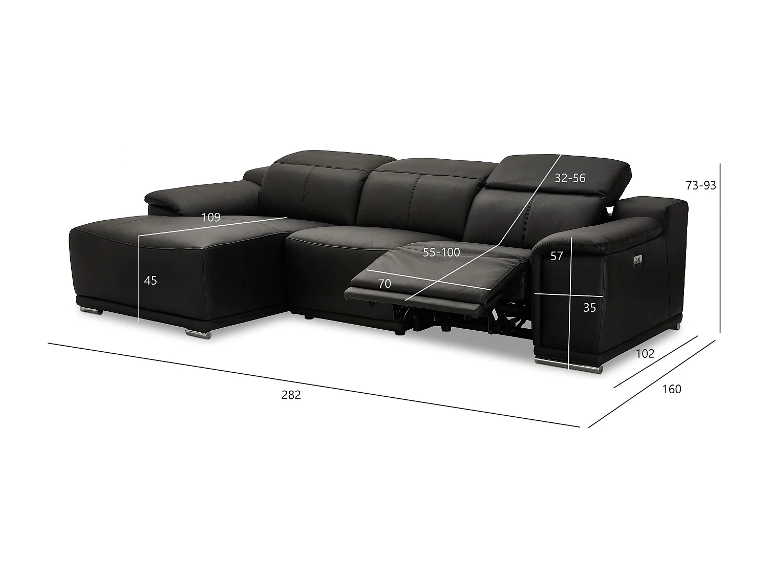 Driezits elektrische moduleerbare relaxbank Alexa - Leer - Zwart