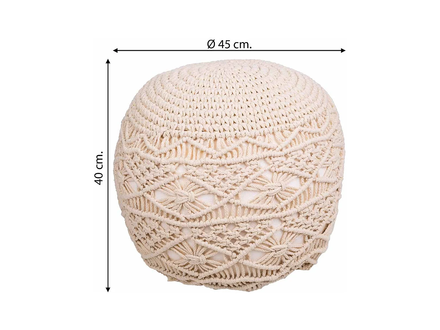 Cremefarbener geflochtener Baumwoll-Puff, 45 x 45 x 40 cm