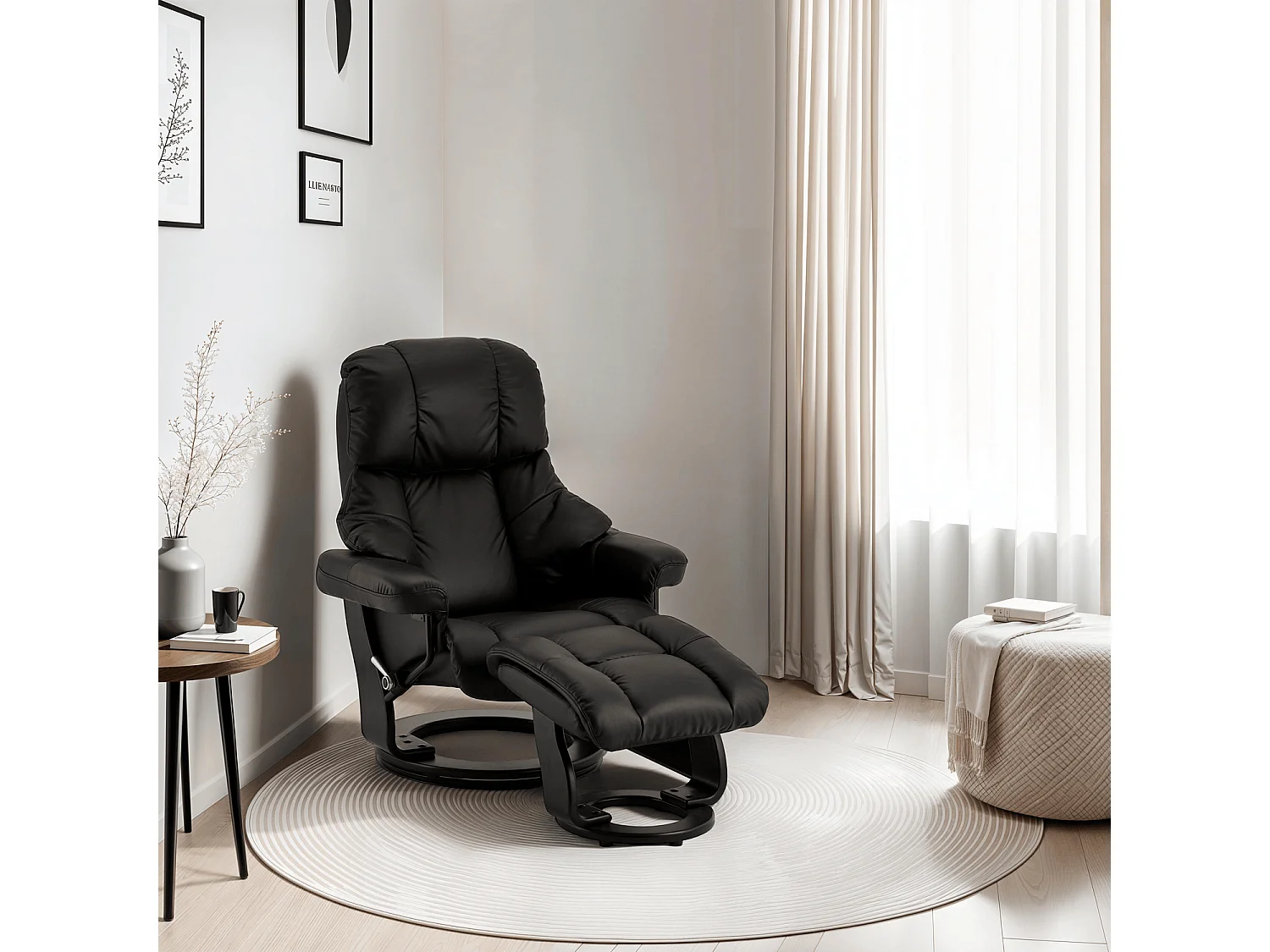 Fauteuil relax avec repose-pieds Crown - Cuir et bois - Noir