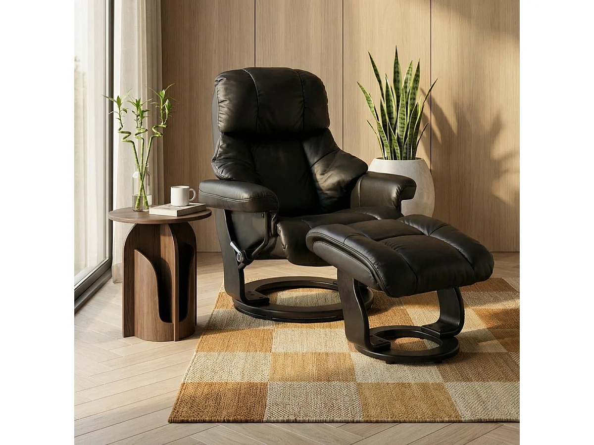 Fauteuil relax avec repose-pieds Crown - Cuir et bois - Noir