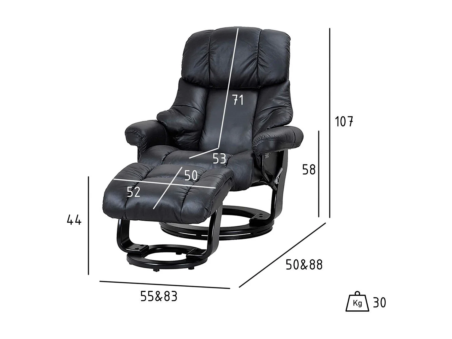 Fauteuil relax avec repose-pieds Crown - Cuir et bois - Noir