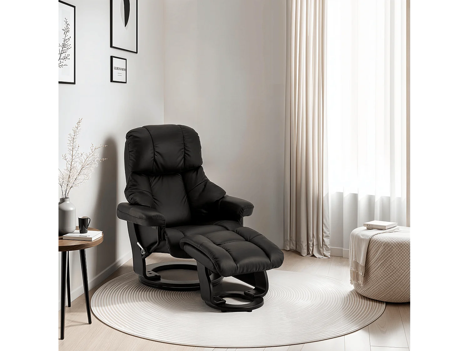 Fauteuil relax avec repose-pieds Crown - Cuir et bois - Noir
