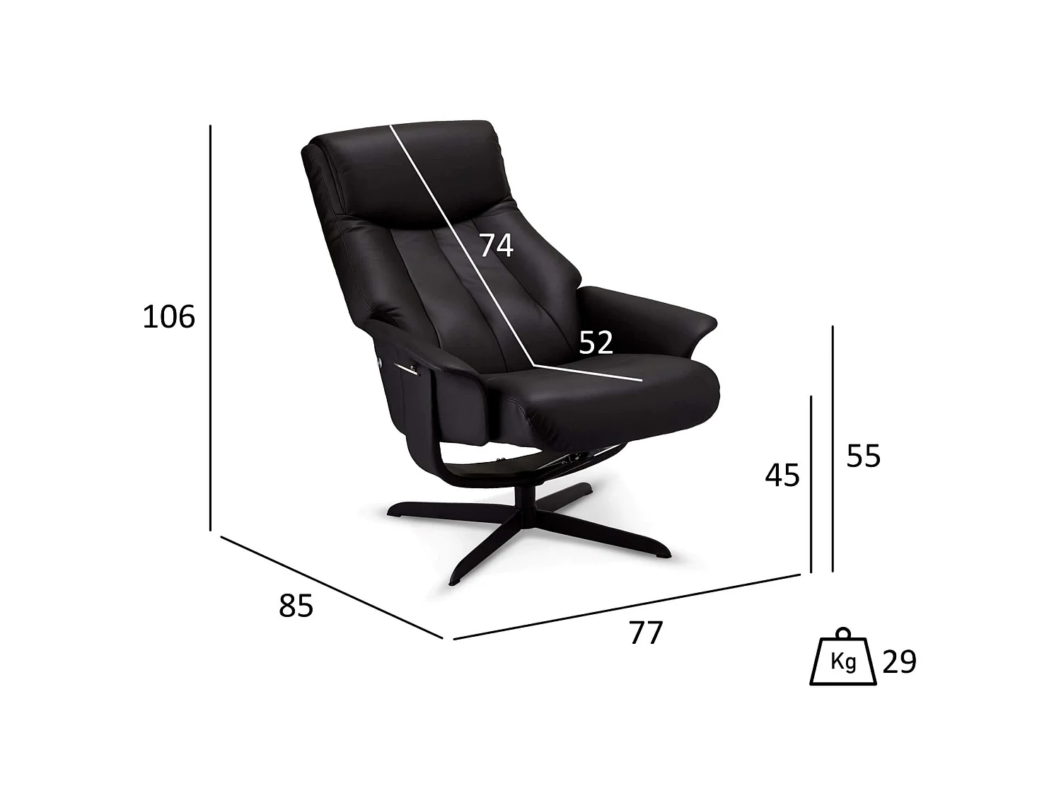 Fauteuil Relax Avec Repose-pied Bilbao Noir Cuir, PVC