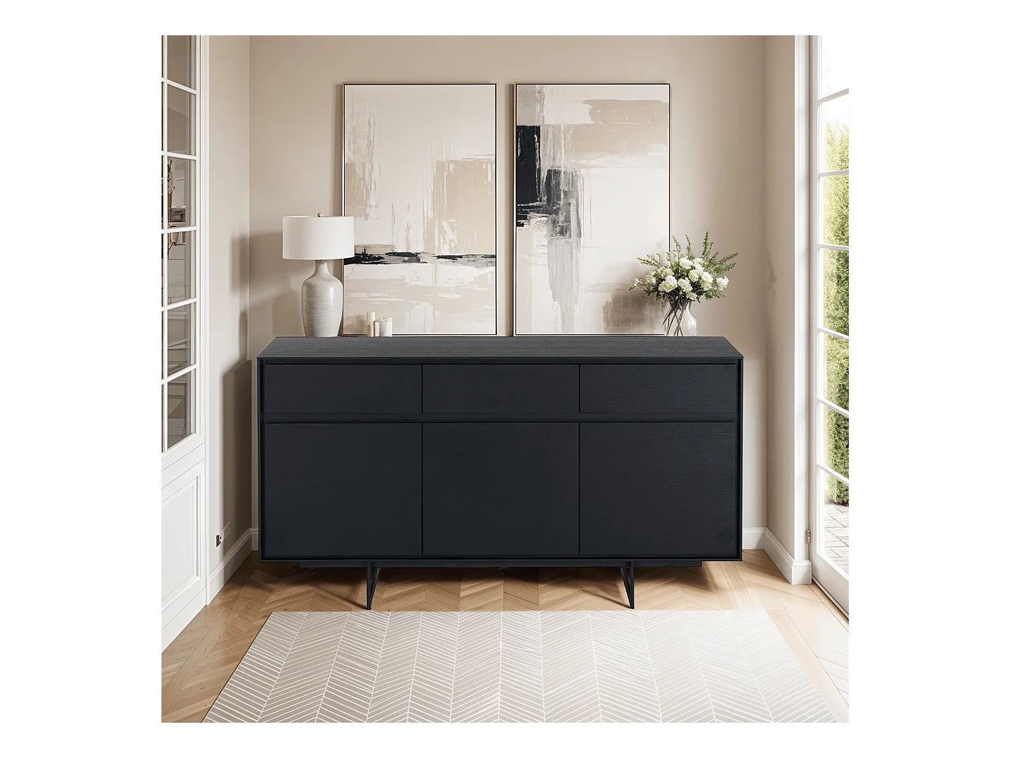 Buffetkast Tokyo - 3 deuren, 3 laden - MDF & staal - Zwart
