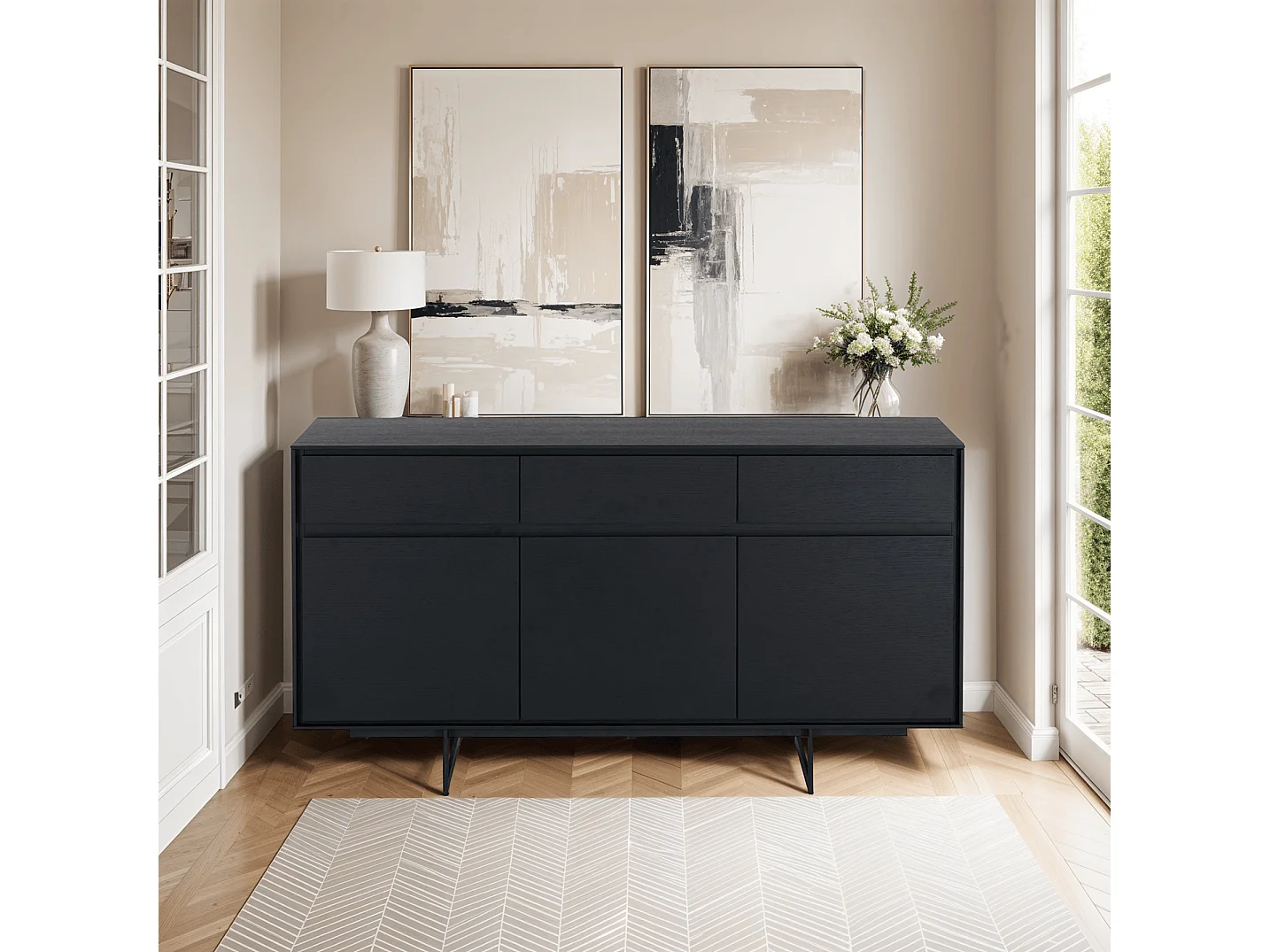 Buffet Tokyo avec 3 portes et 3 tiroirs - MDF et métal - Noir