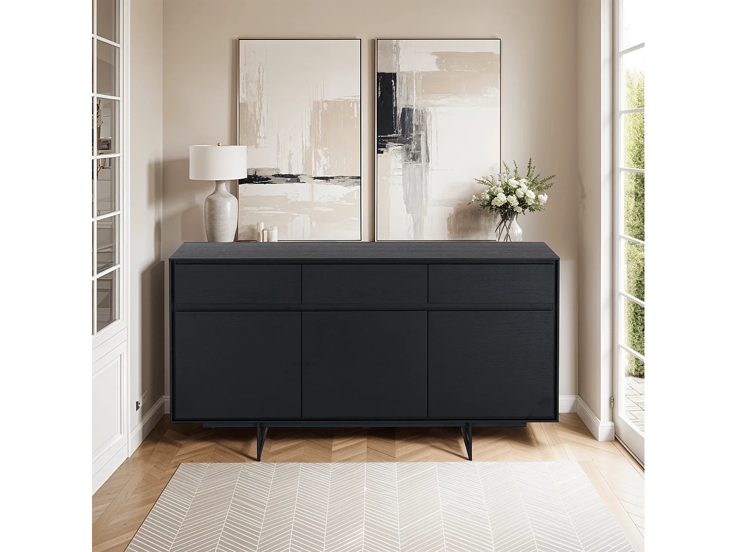 Buffet Tokyo avec 3 portes et 3 tiroirs - MDF et métal - Noir