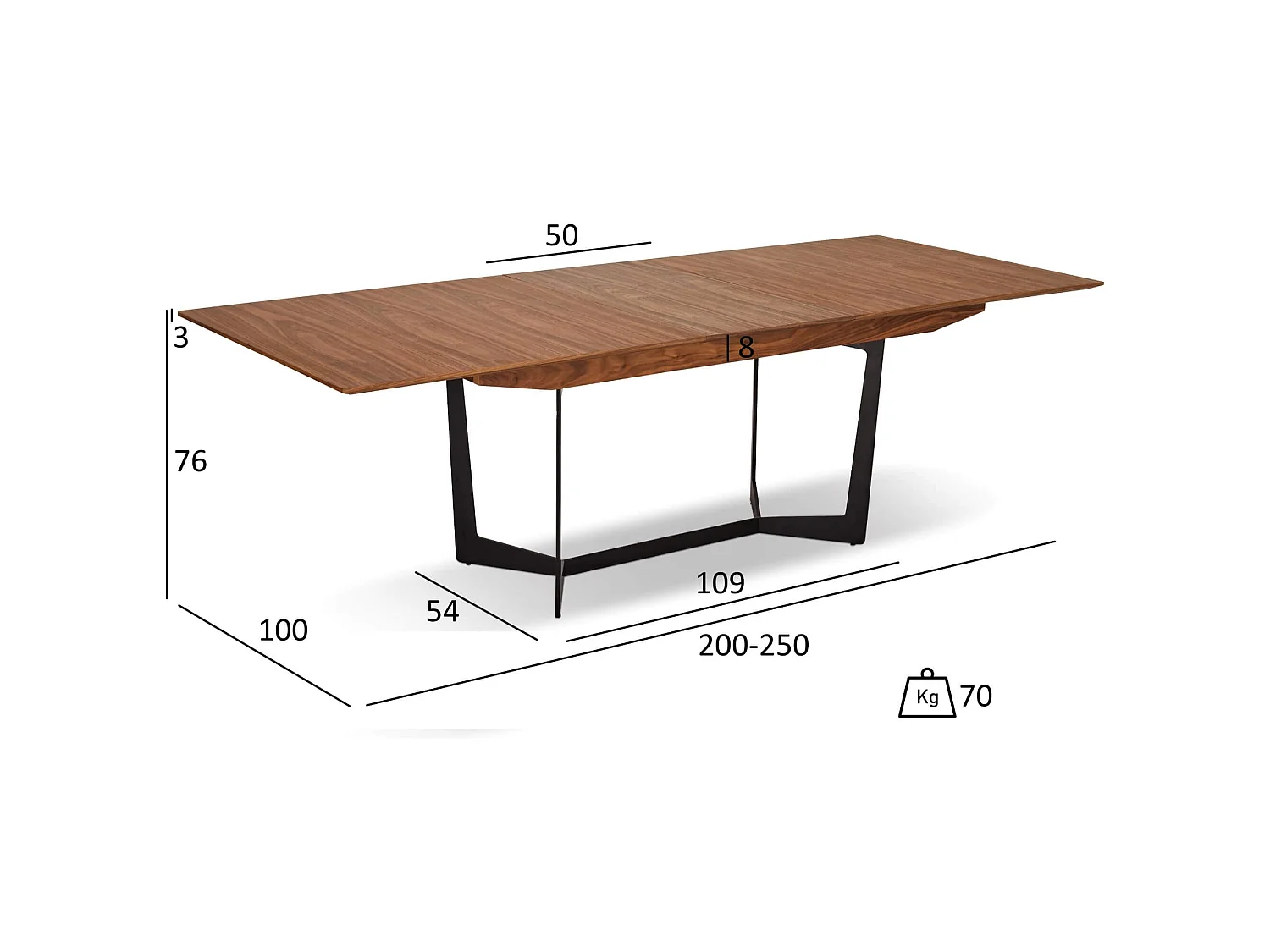 Table à manger extensible Tokyo - Rectangulaire - 6 à 10 couverts - MDF et métal - Noyer
