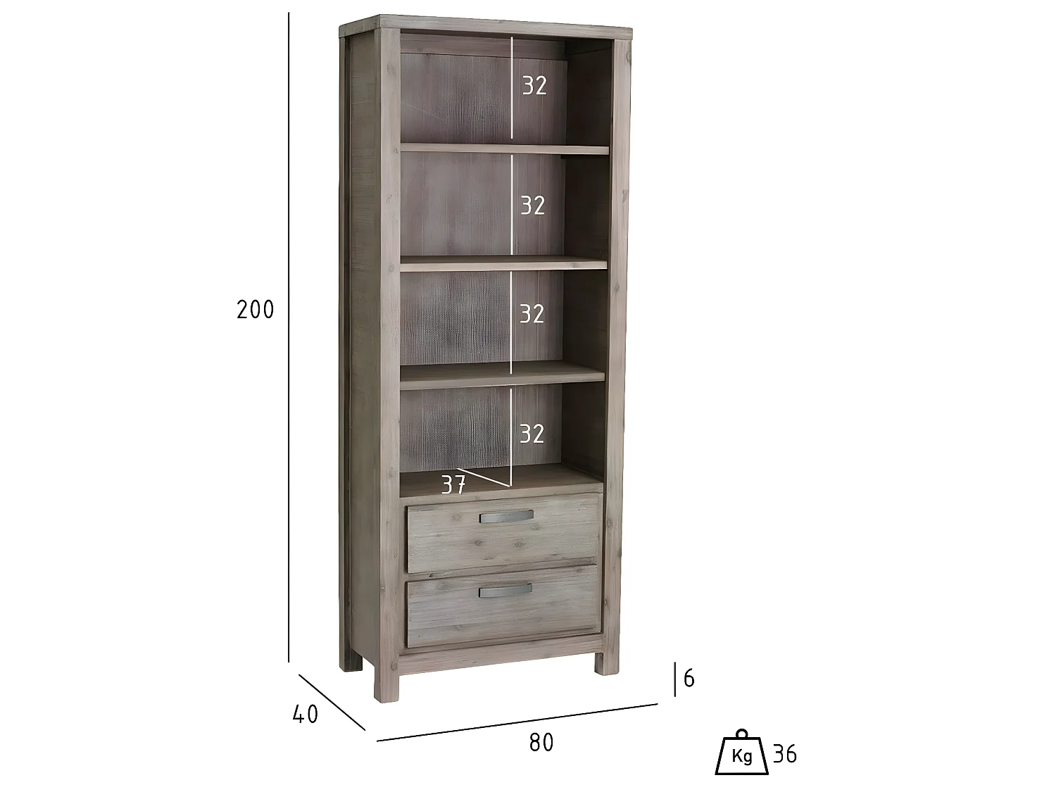 Boekenkast Alaska - met 4 nissen, - Massief acaciahout & MDF - Bruin