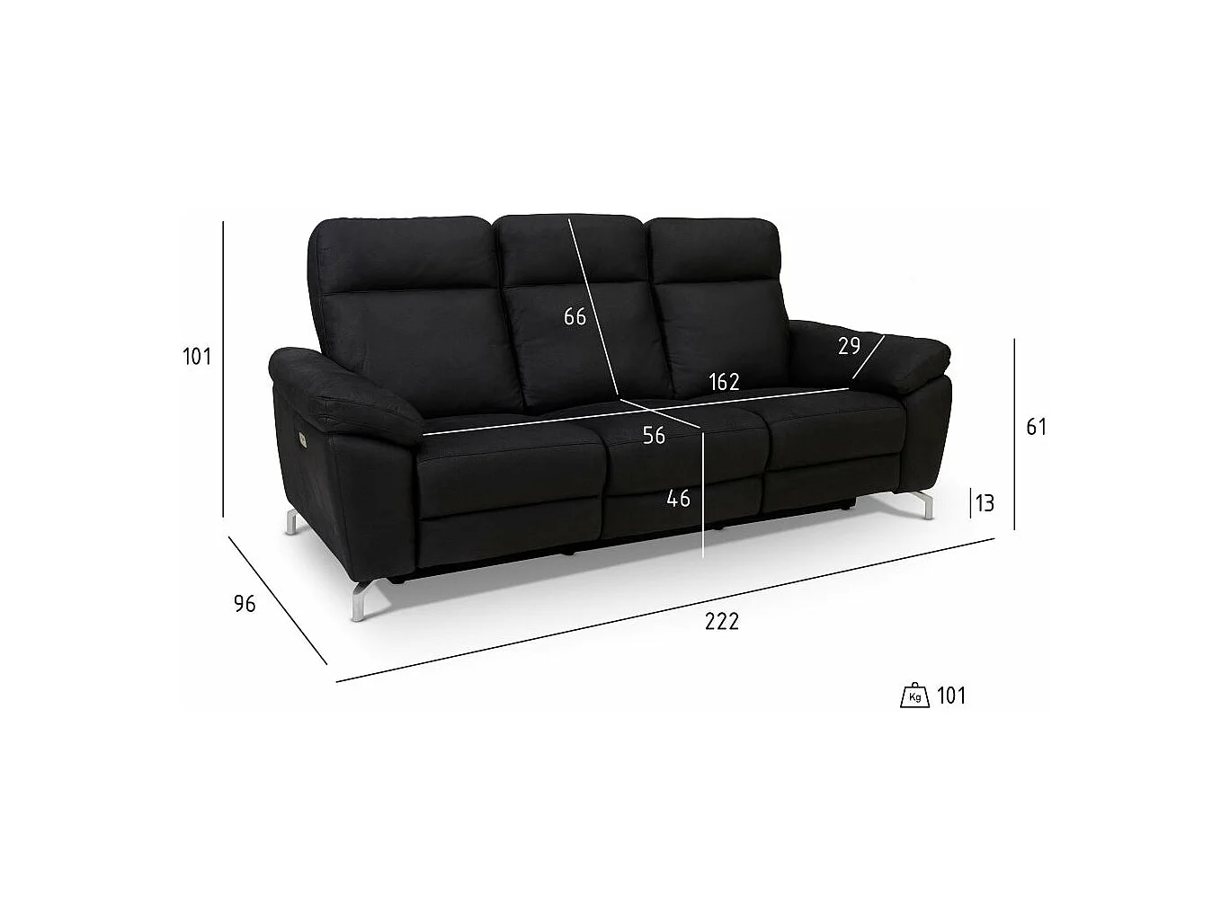 Relaxsofa elektrisch Selesta - 3-Sitzer - Stoff - Schwarz