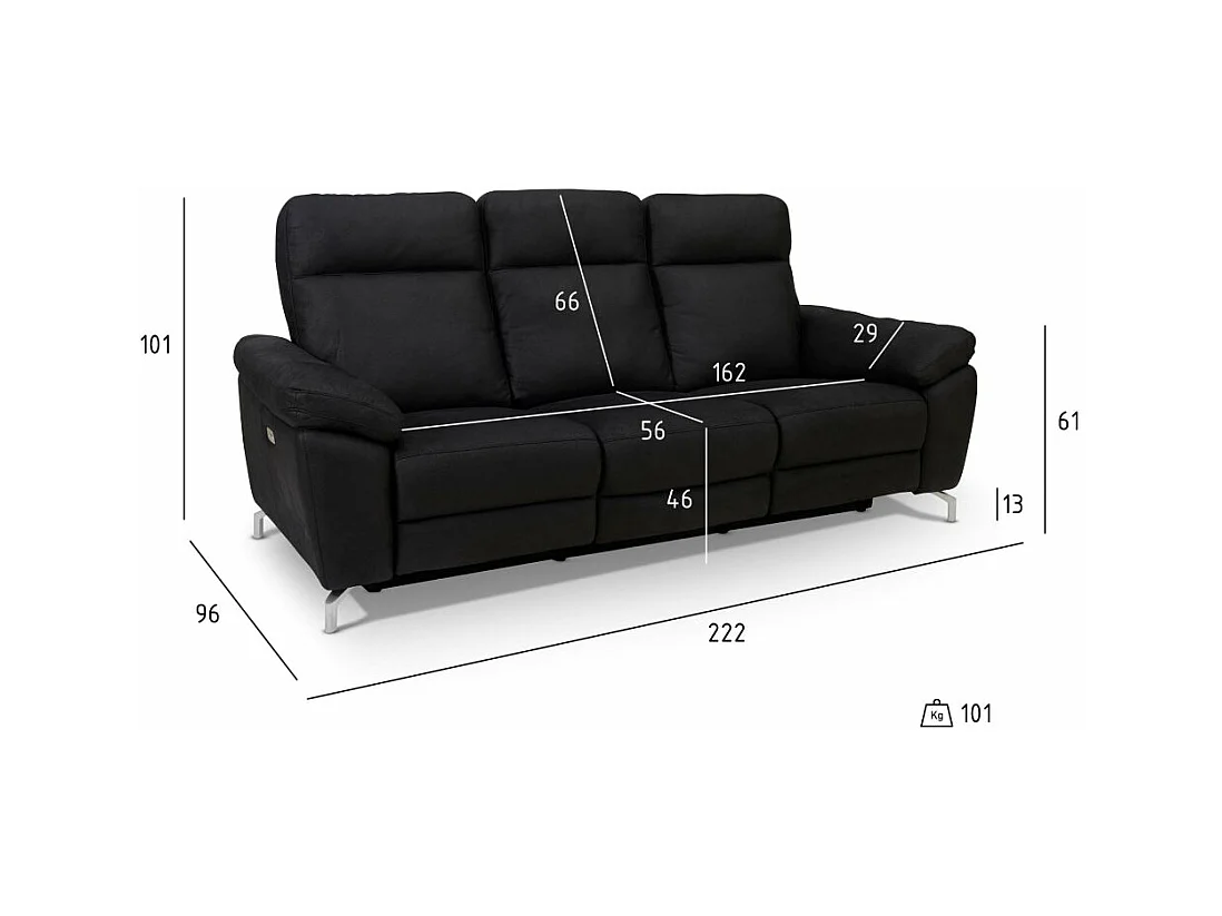 Relaxsofa elektrisch Selesta - 3-Sitzer - Stoff - Schwarz