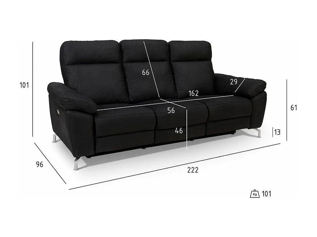 Driezits elektrische relaxbank Selesta van stof - zwart