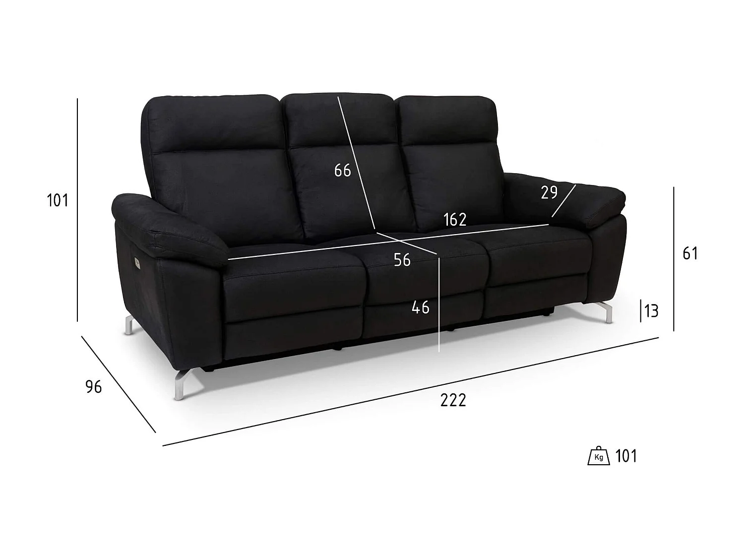 Canapé relax électrique Selesta - 3 places - Tissu - Noir