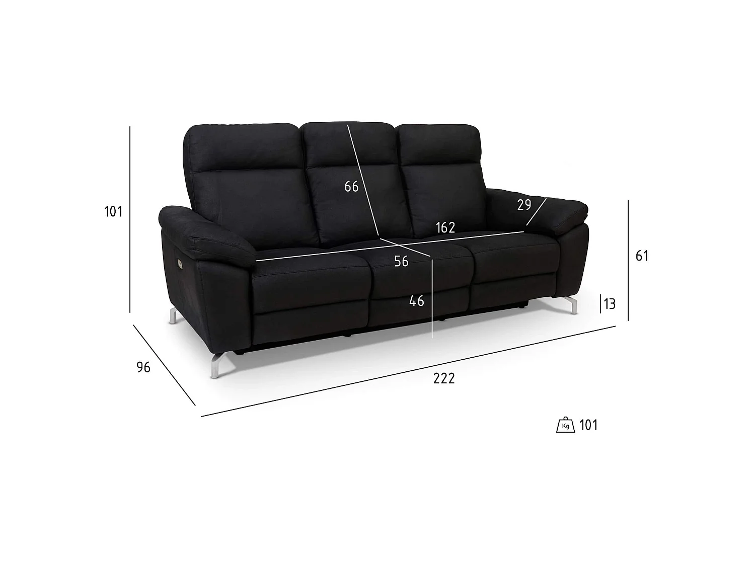 Canapé relax électrique Selesta - 3 places - Tissu - Noir