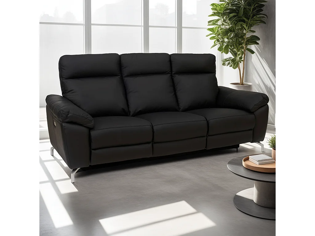 Canapé relax électrique Selesta - 3 places - Cuir - Noir