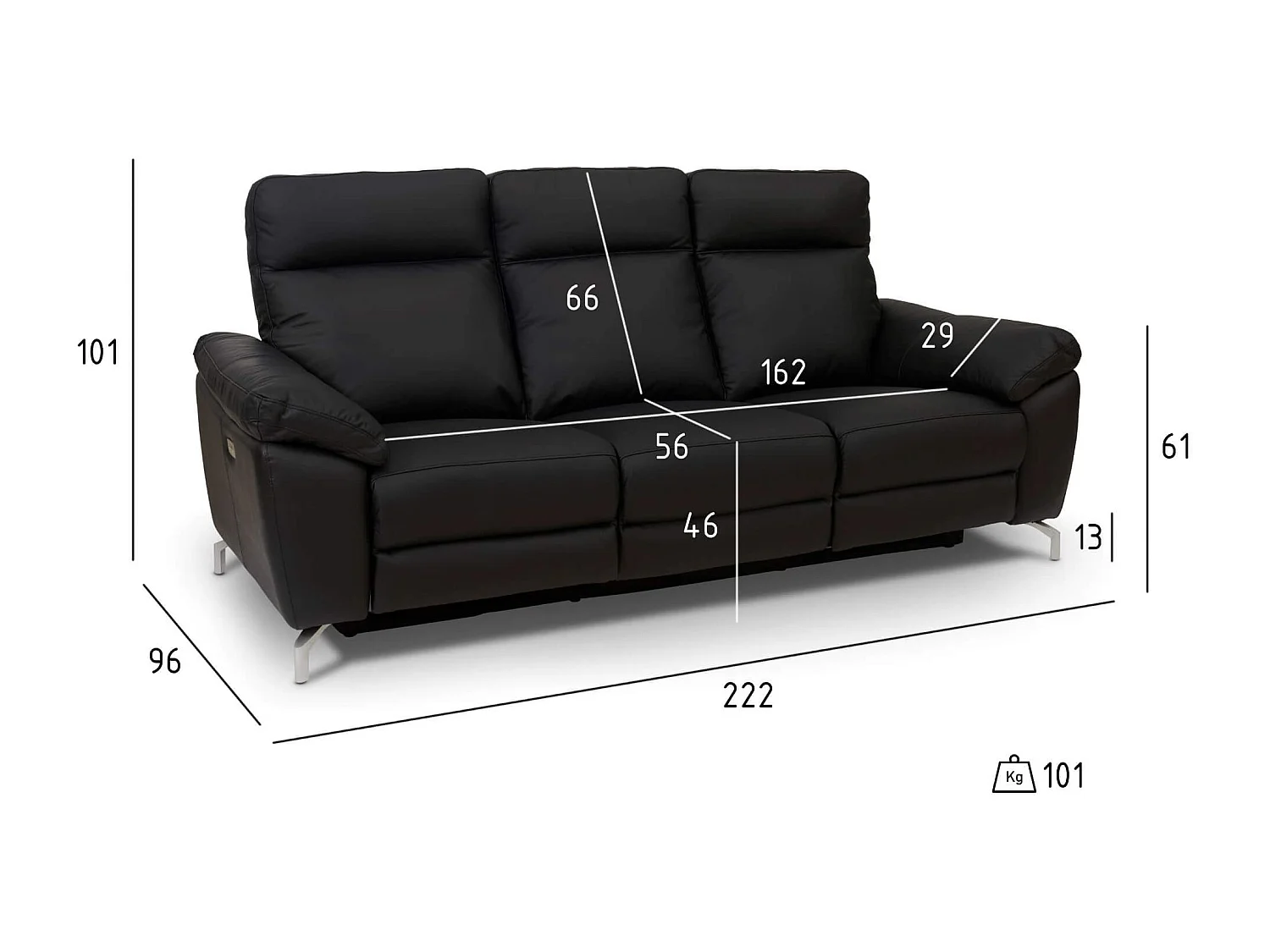 Canapé relax électrique Selesta - 3 places - Cuir - Noir