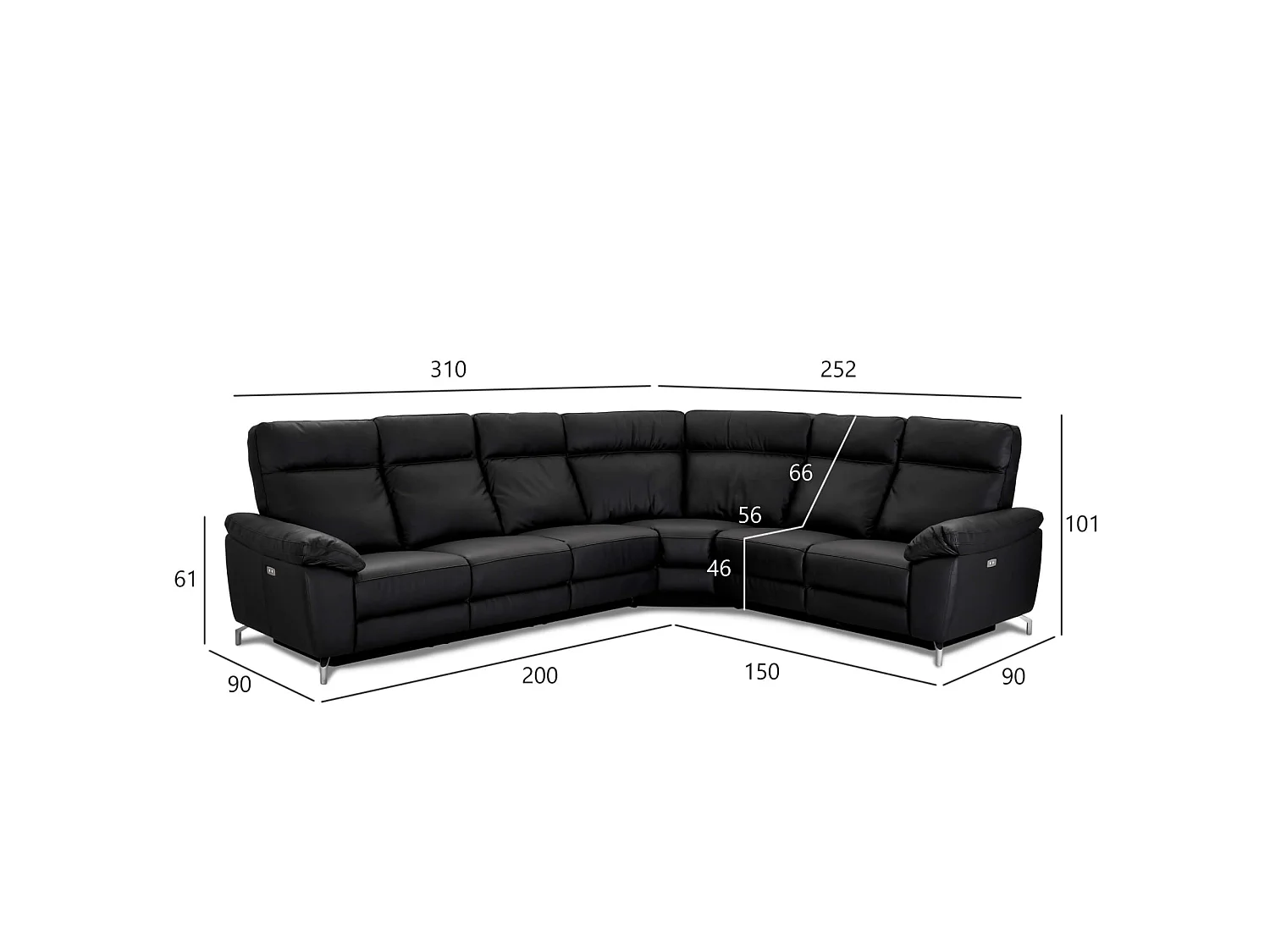 Canapé d'angle 32 Relax Électrique 5 Places Selesta Noir Cuir, PVC