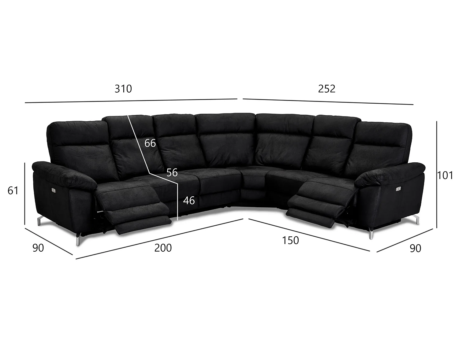 Canapé d'angle 32 Relax Électrique 5 Places Selesta Noir Tissu